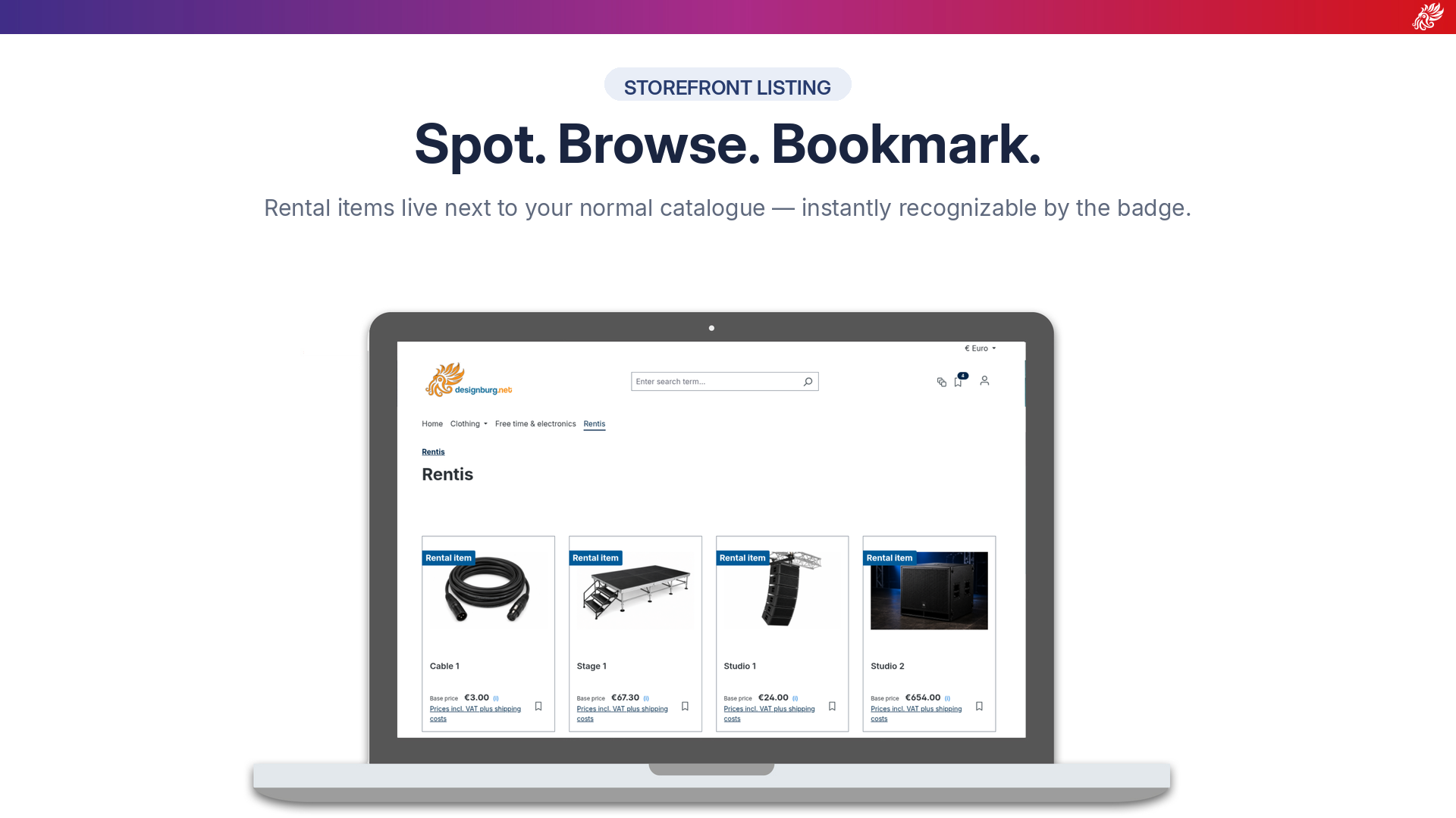 DasMiet — Storefront-Listing mit Rental-Item-Badge auf jedem Mietartikel