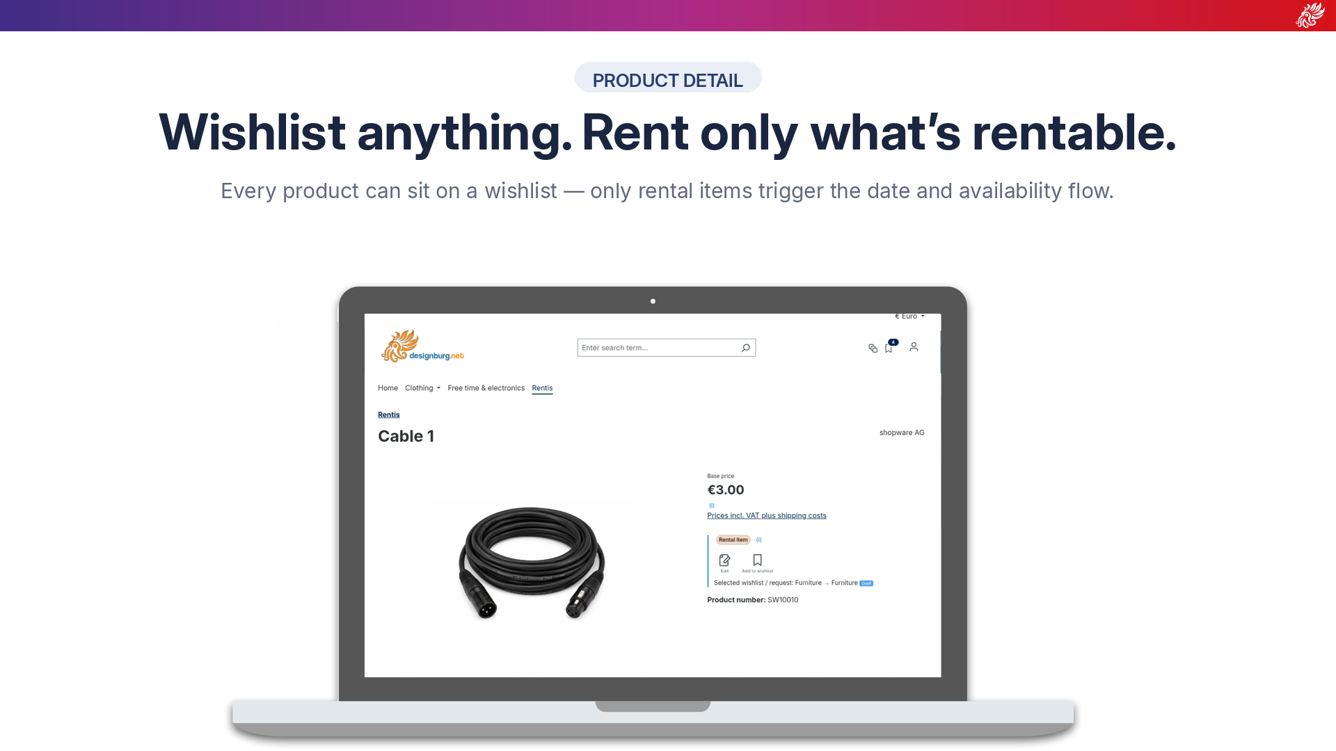Produkt-Detailseite eines Mietartikels mit „Rental item